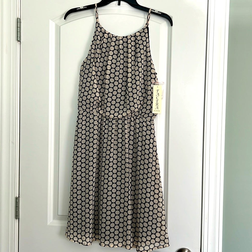 Women’s NWT petite small dress. Navy fully lined, beige polka dots.